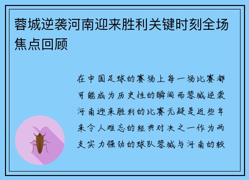 蓉城逆袭河南迎来胜利关键时刻全场焦点回顾