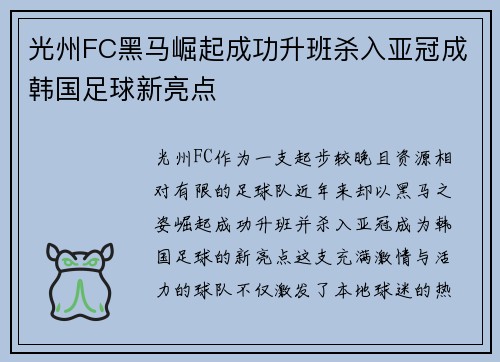 光州FC黑马崛起成功升班杀入亚冠成韩国足球新亮点